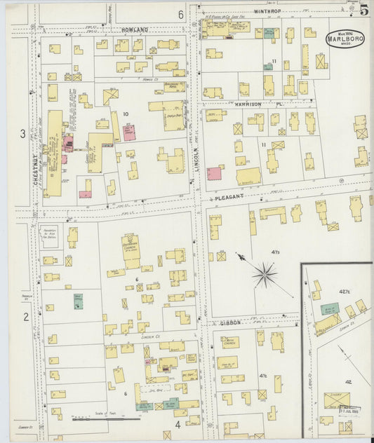 Sanborn Fire Insurance Map from Marlborough, Middlesex County, Massachusetts (1896), Sheet #0005 - Historic Sanborn Fire Insurance Map Print, vintage old map wall art, antique decor, genealogy gift, Massachusetts Massachusetts map