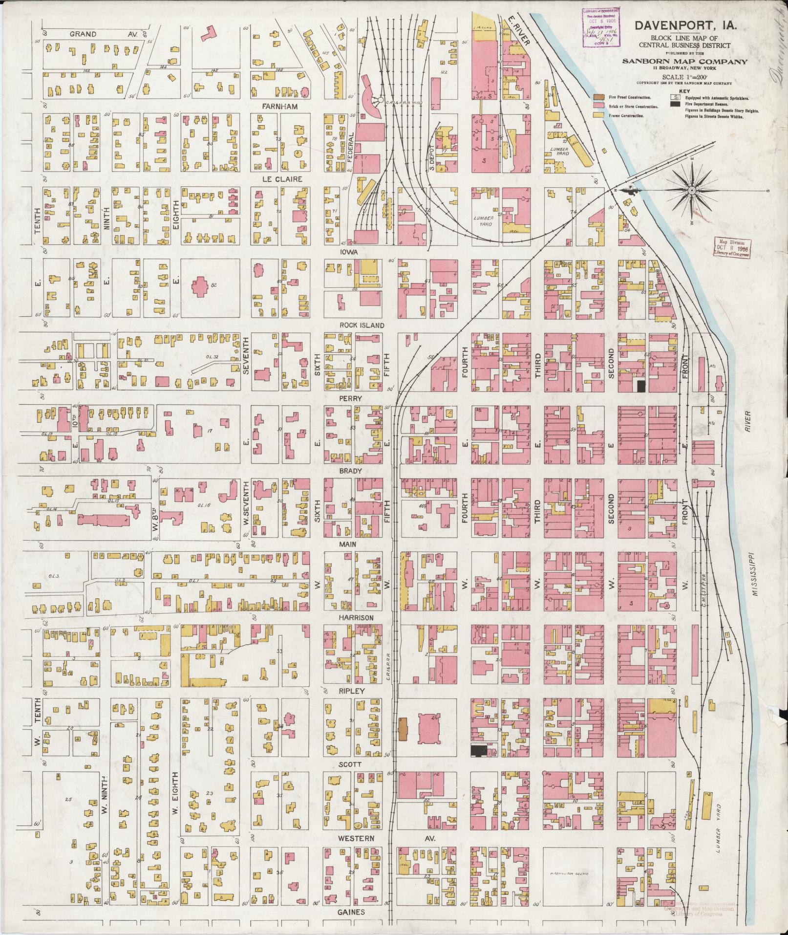 Sanborn Fire Insurance Map from Davenport, Scott County, Iowa (1906), Sheet #0001 - Historic Sanborn Fire Insurance Map Print, vintage old map wall art