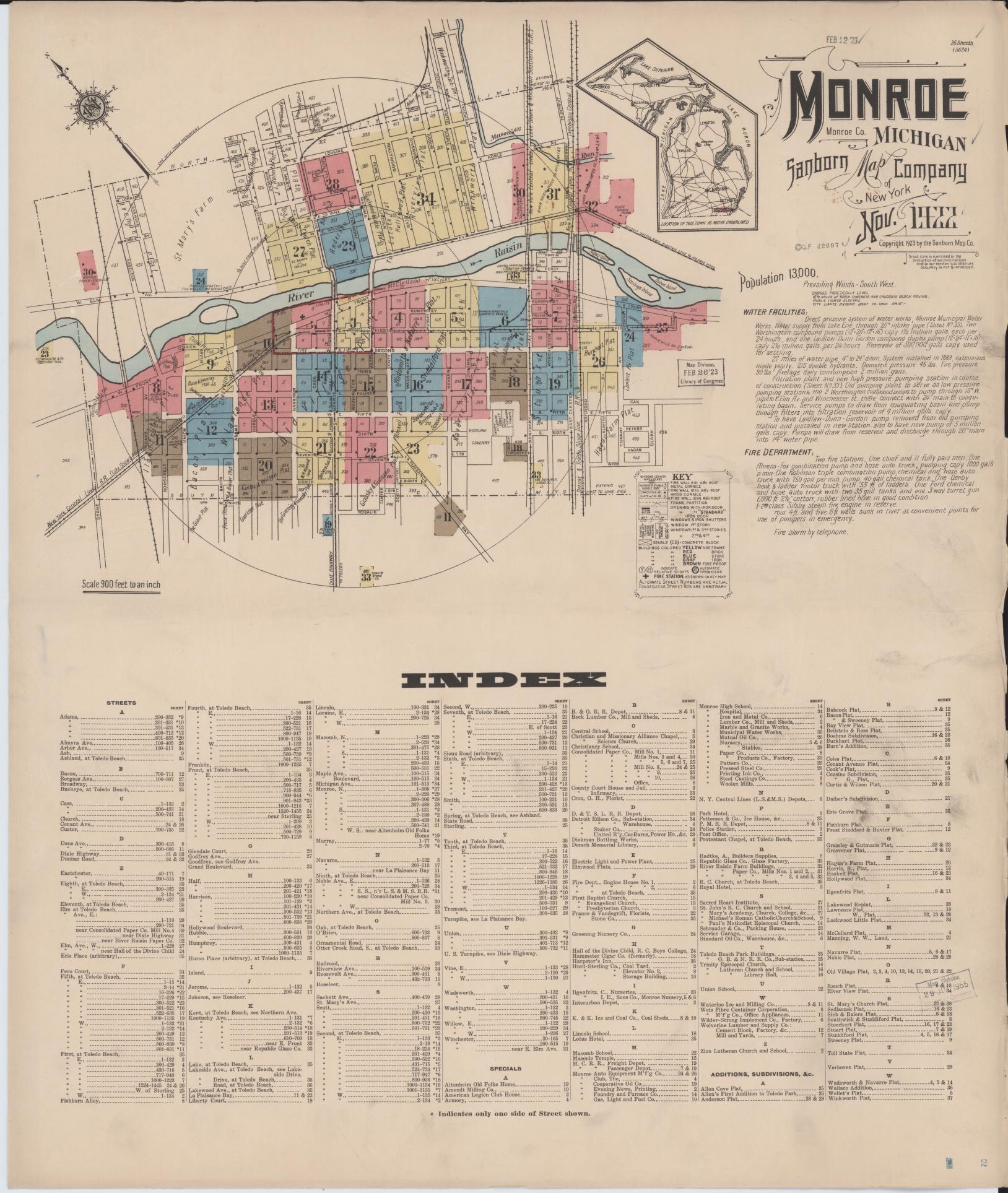 Sanborn Fire Insurance Map from Monroe, Monroe County, Michigan (1922), Sheet #0001 - Complete Map Set gallery image, historic Sanborn map, vintage wall art, Michigan Michigan