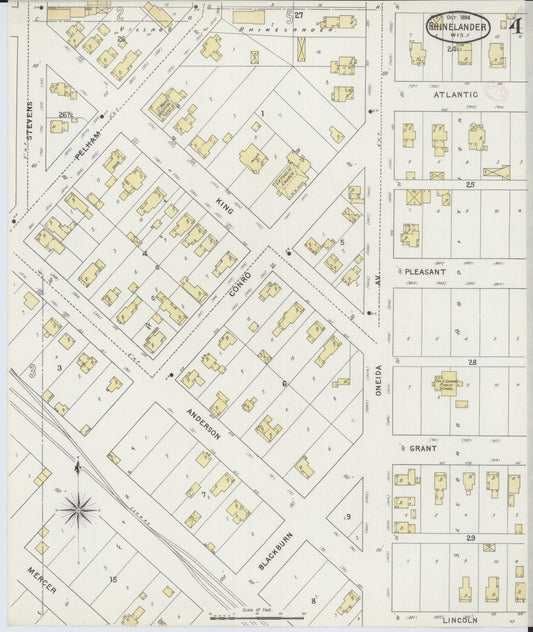 Sanborn Fire Insurance Map from Rhinelander, Oneida County, Wisconsin (1894), Sheet #0004 - Historic Sanborn Fire Insurance Map Print, vintage old map wall art, antique decor, genealogy gift, Wisconsin Wisconsin map