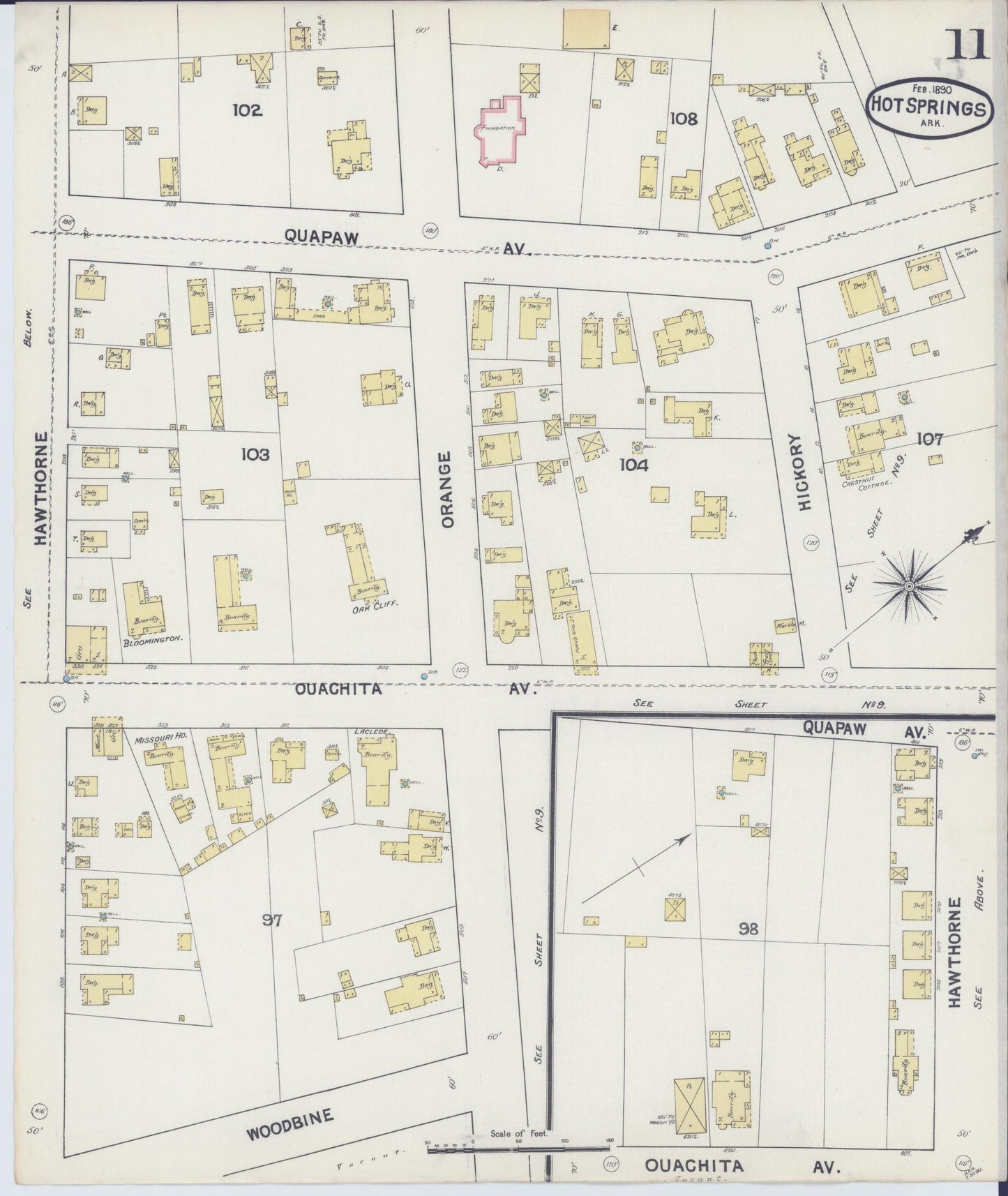 Sanborn Fire Insurance Map from Hot Springs, Garland County, Arkansas (1890), Sheet #0011 - Complete Map Set gallery image, historic Sanborn map, vintage wall art, Arkansas Arkansas