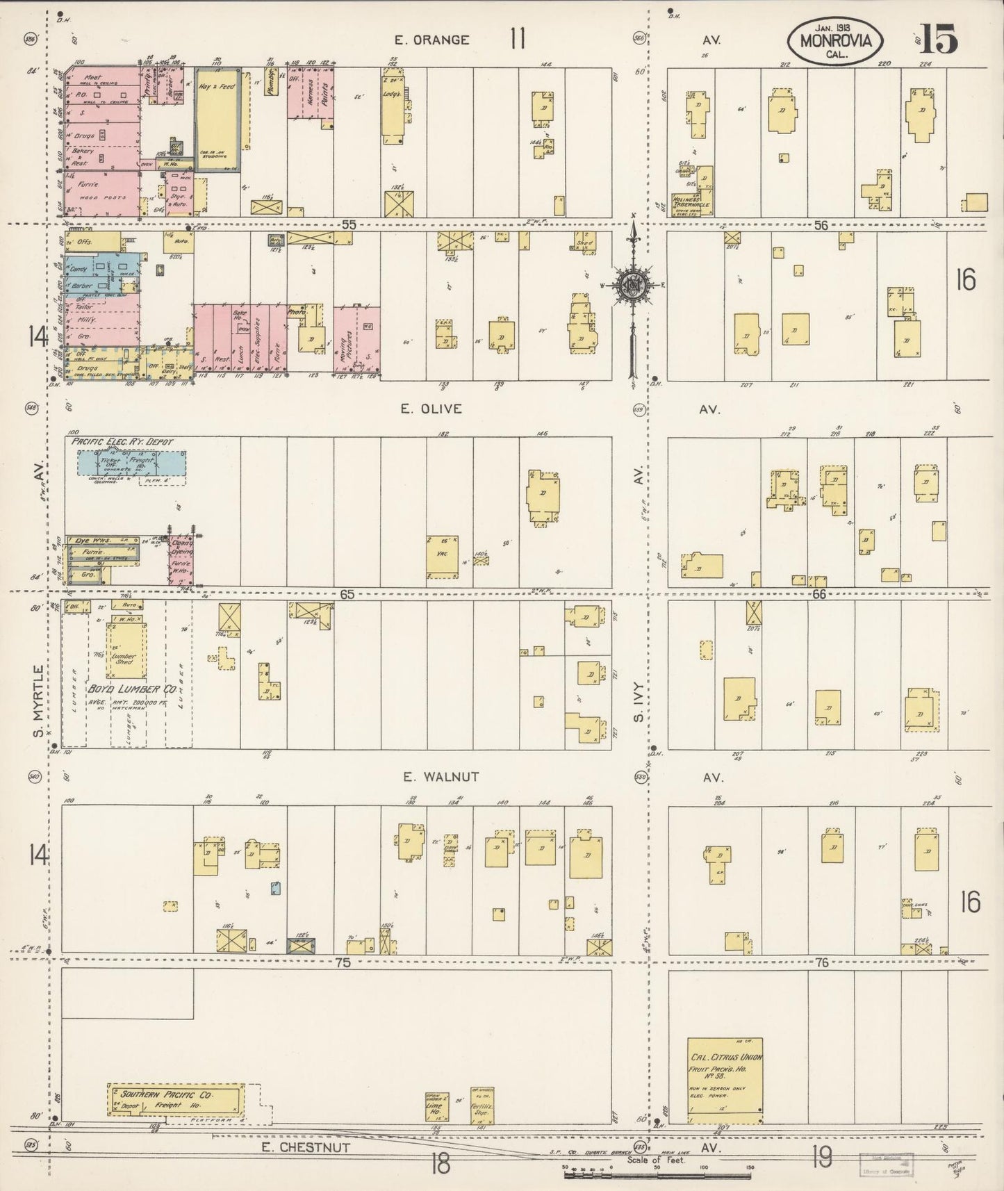 Sanborn Fire Insurance Map from Monrovia, Los Angeles County, California (1913), Sheet #0015 - Complete Map Set gallery image, historic Sanborn map, vintage wall art, California California