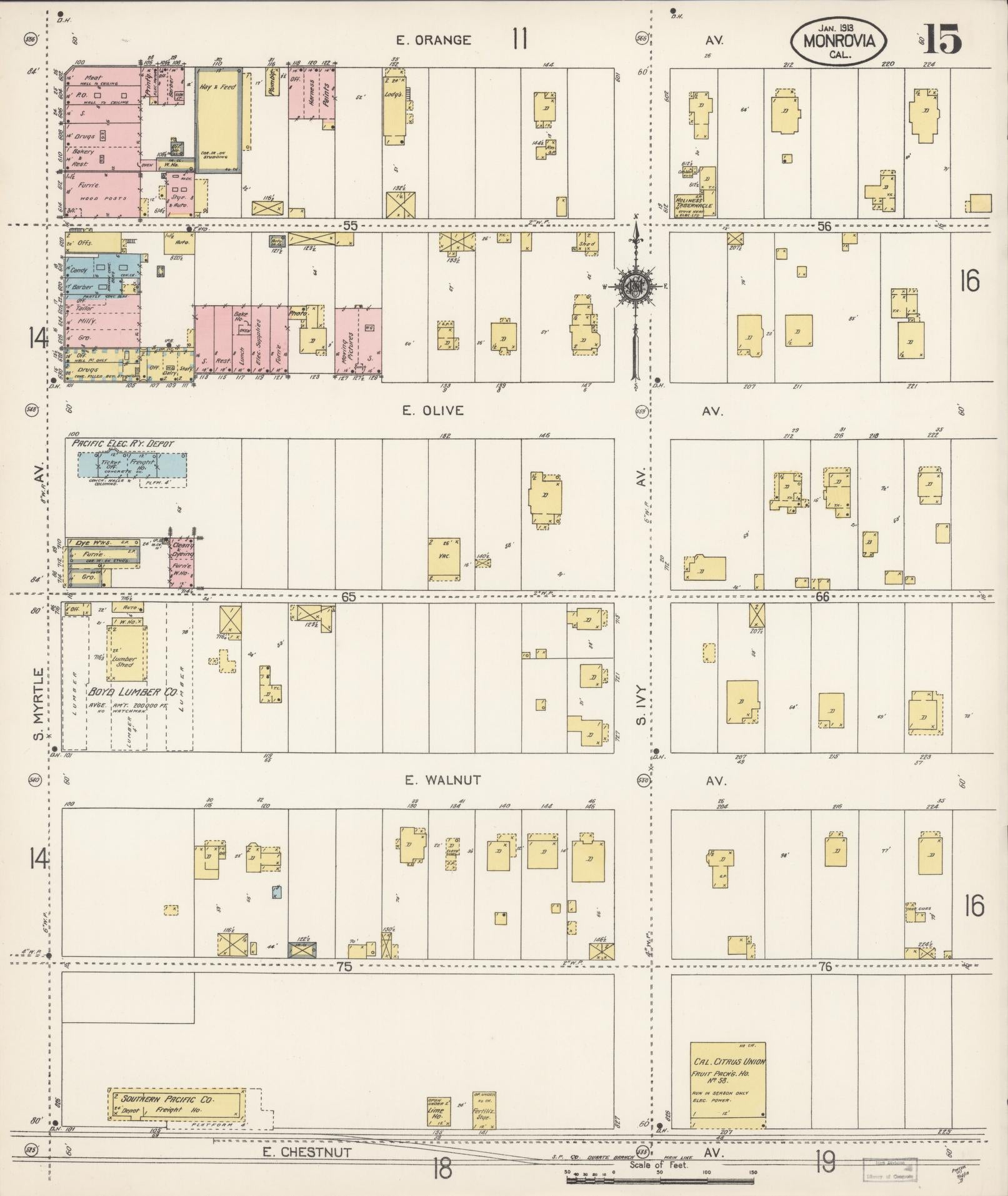 Sanborn Fire Insurance Map from Monrovia, Los Angeles County, California (1913), Sheet #0015 - Complete Map Set gallery image, historic Sanborn map, vintage wall art, California California