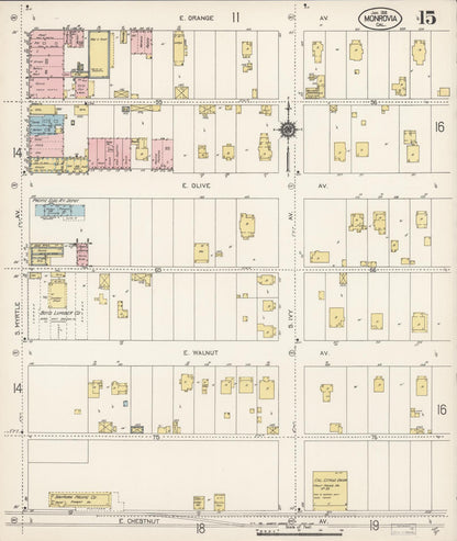 Sanborn Fire Insurance Map from Monrovia, Los Angeles County, California (1913), Sheet #0015 - Complete Map Set gallery image, historic Sanborn map, vintage wall art, California California