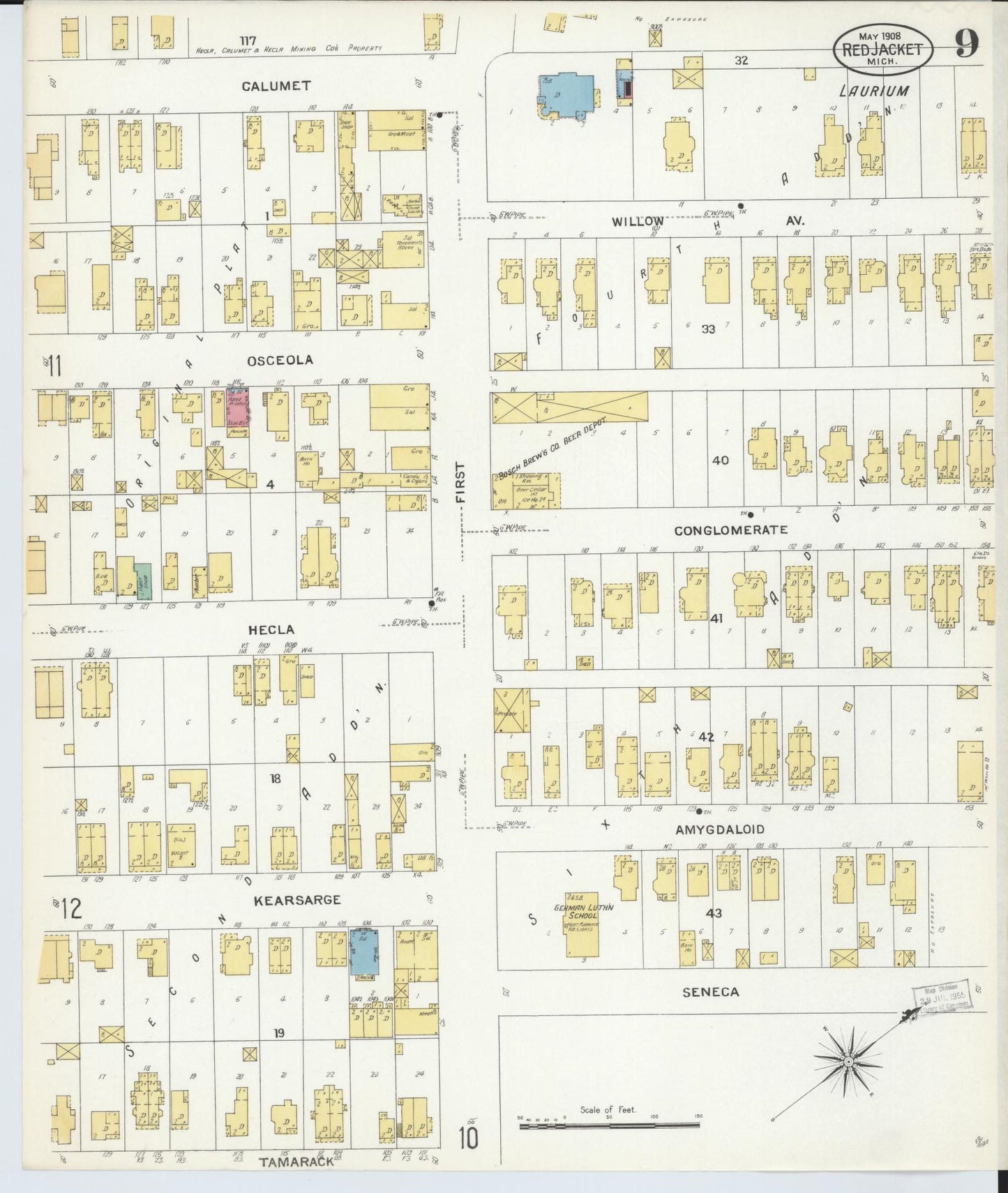 Sanborn Fire Insurance Map from Red Jacket, Houghton County, Michigan (1908), Sheet #0009 - Historic Sanborn Fire Insurance Map Print, vintage old map wall art, antique decor, genealogy gift, Michigan Michigan map