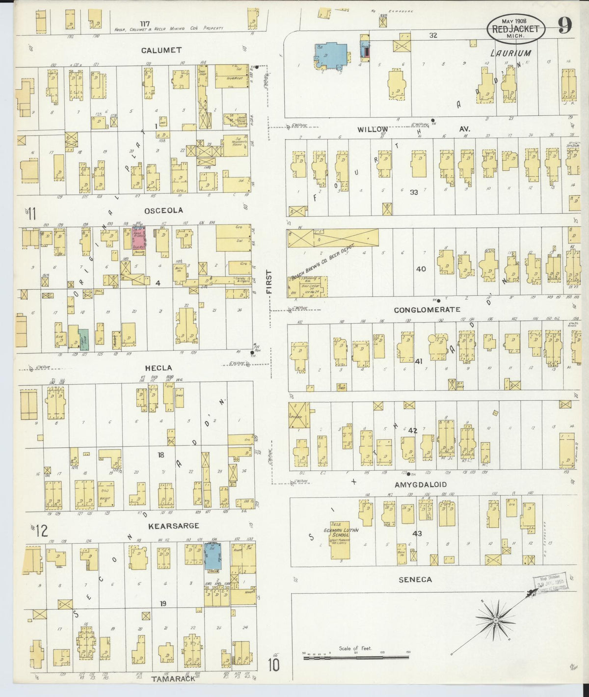 Sanborn Fire Insurance Map from Red Jacket, Houghton County, Michigan (1908), Sheet #0009 - Historic Sanborn Fire Insurance Map Print, vintage old map wall art, antique decor, genealogy gift, Michigan Michigan map