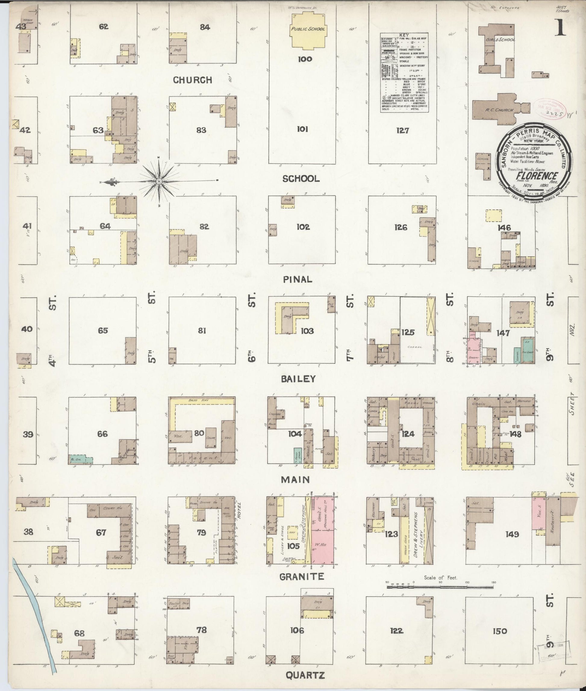 Sanborn Fire Insurance Map from Florence, Pinal County, Arizona (1890), Sheet #0001 - Complete Map Set gallery image, historic Sanborn map, vintage wall art, Arizona Arizona