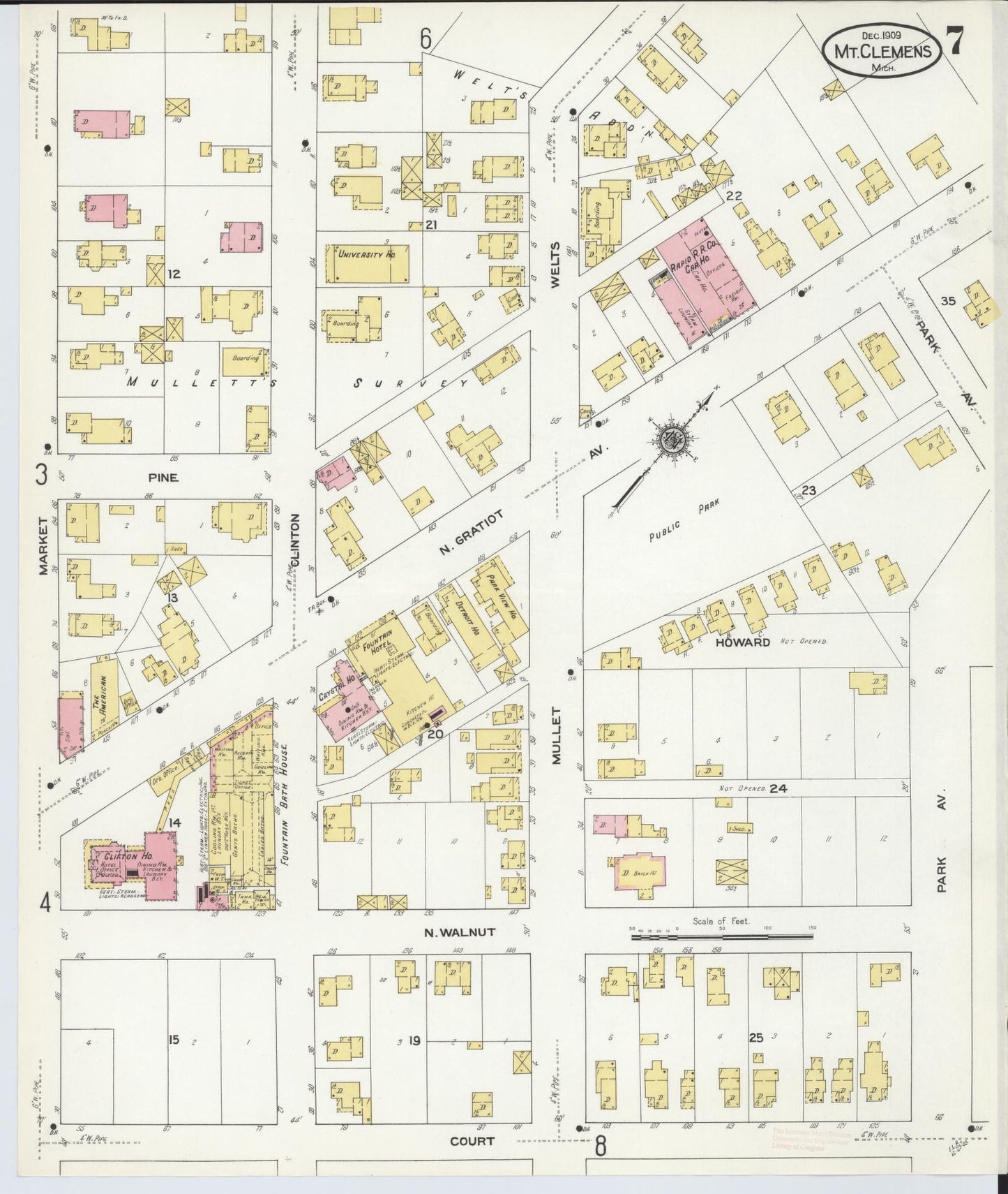 Sanborn Fire Insurance Map from Mount Clemens, Macomb County, Michigan (1909), Sheet #0007 - Historic Sanborn Fire Insurance Map Print, vintage old map wall art, antique decor, genealogy gift, Michigan Michigan map