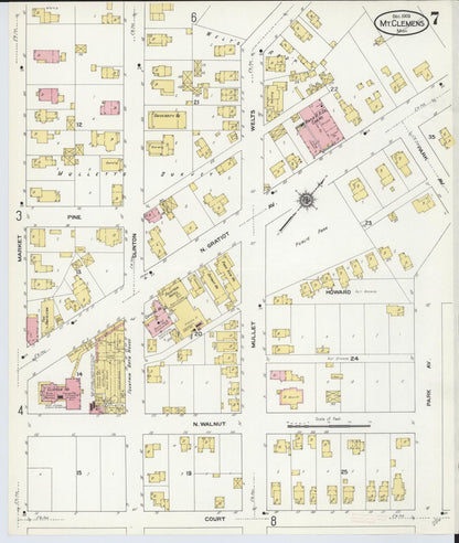 Sanborn Fire Insurance Map from Mount Clemens, Macomb County, Michigan (1909), Sheet #0007 - Historic Sanborn Fire Insurance Map Print, vintage old map wall art, antique decor, genealogy gift, Michigan Michigan map