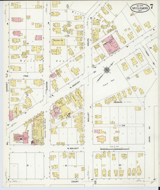Sanborn Fire Insurance Map from Mount Clemens, Macomb County, Michigan (1909), Sheet #0007 - Historic Sanborn Fire Insurance Map Print, vintage old map wall art, antique decor, genealogy gift, Michigan Michigan map