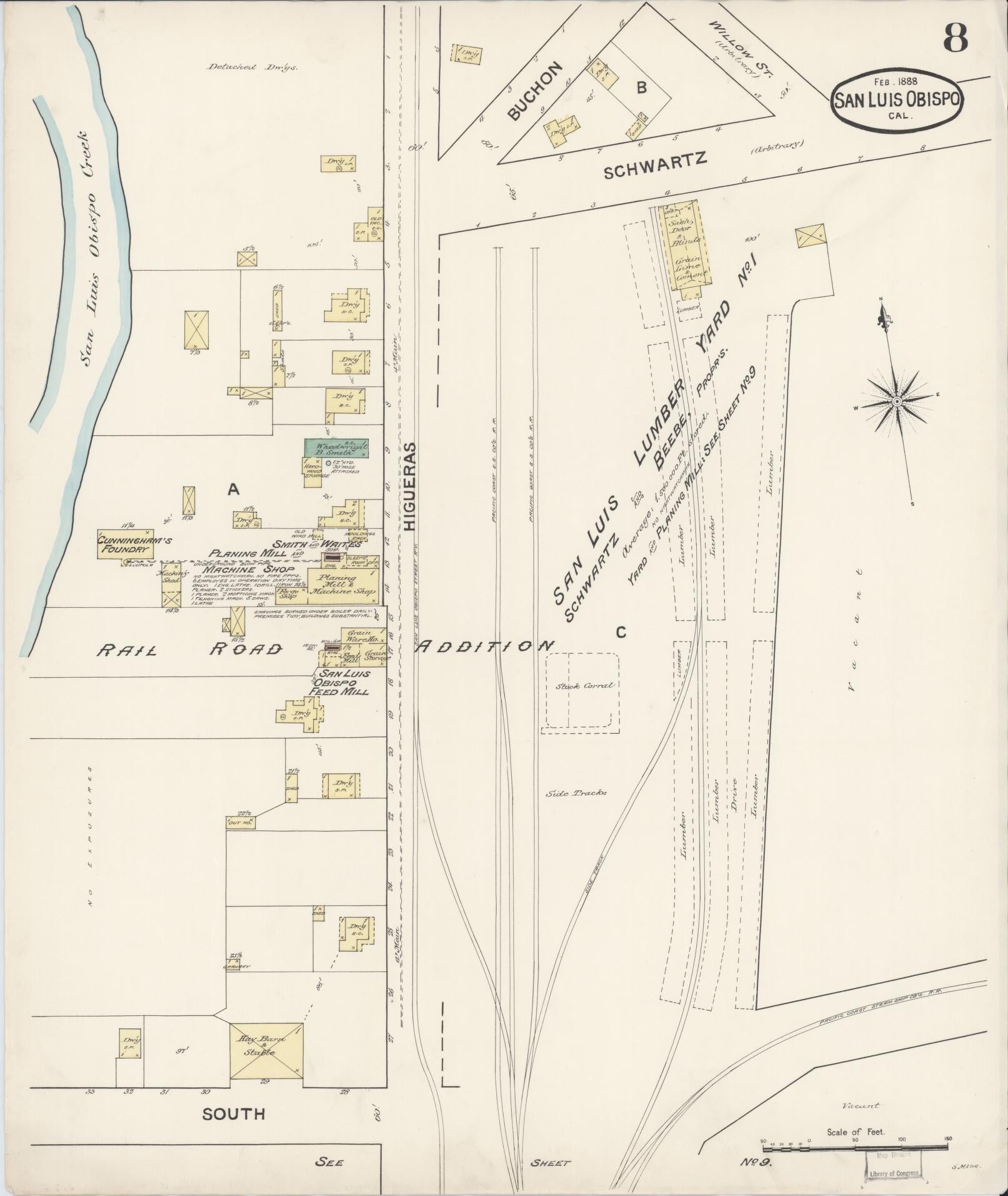 Sanborn Fire Insurance Map from San Luis Obispo, San Luis Obispo County, California (1888), Sheet #0008 - Complete Map Set gallery image, historic Sanborn map, vintage wall art, California California