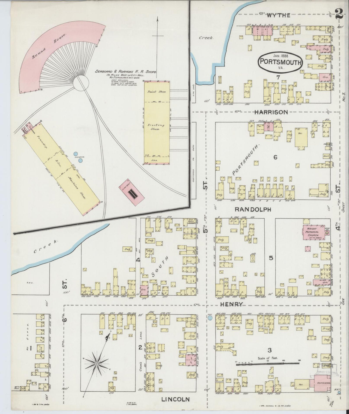 Sanborn Fire Insurance Map from Portsmouth, Independent Cities, Virginia (1888), Sheet #0002 - Historic Sanborn Fire Insurance Map Print, vintage old map wall art, antique decor, genealogy gift, Virginia Virginia map