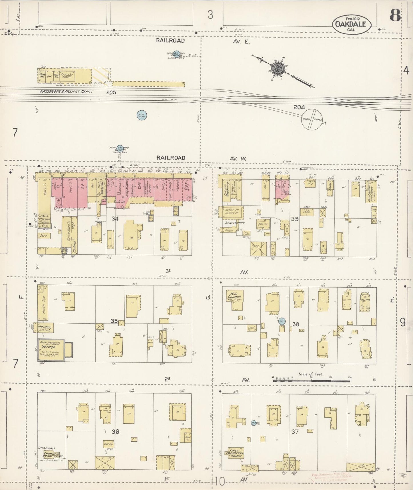 Sanborn Fire Insurance Map from Oakdale, Stanislaus County, California (1912), Sheet #0008 - Complete Map Set gallery image, historic Sanborn map, vintage wall art, California California