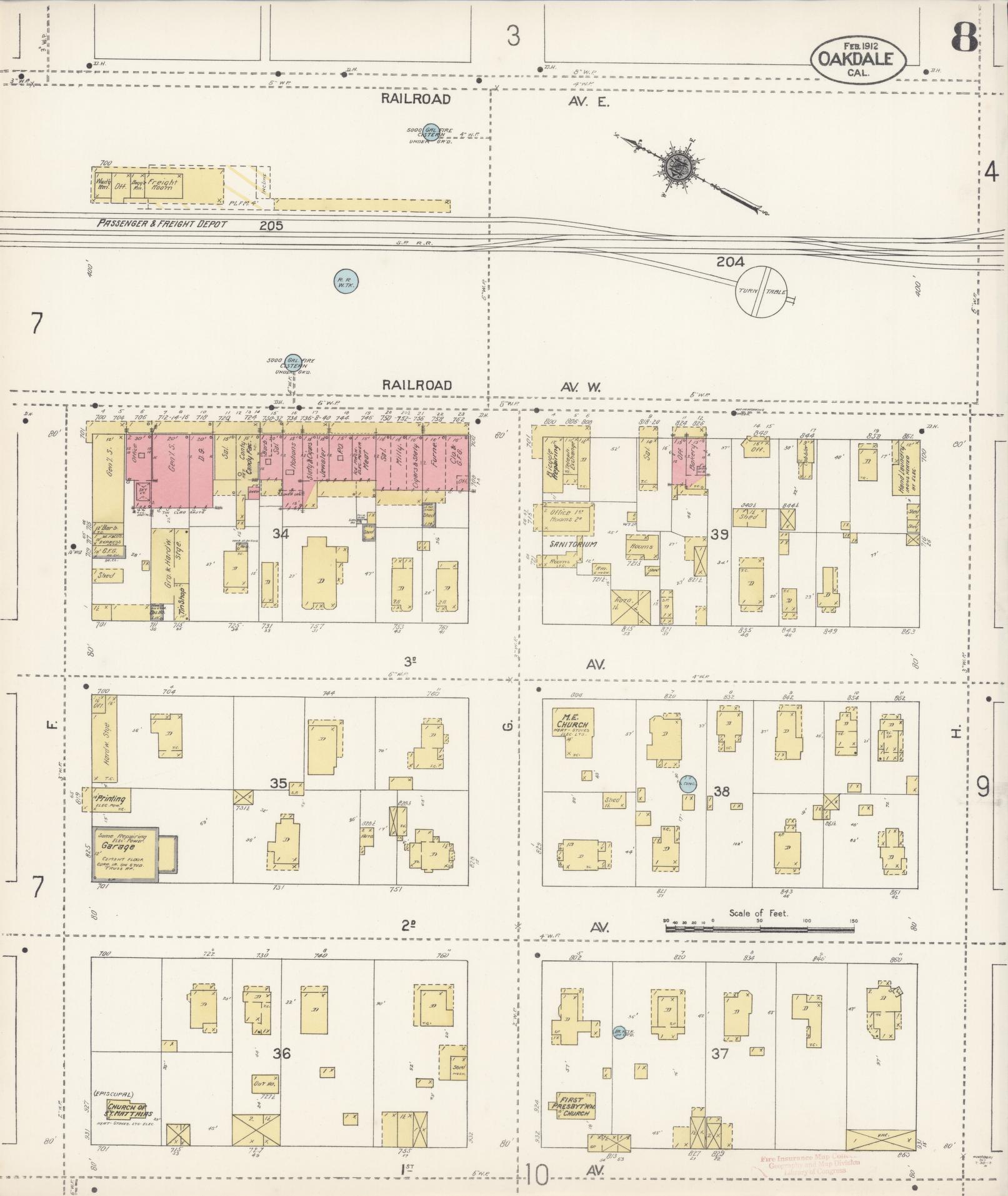 Sanborn Fire Insurance Map from Oakdale, Stanislaus County, California (1912), Sheet #0008 - Complete Map Set gallery image, historic Sanborn map, vintage wall art, California California
