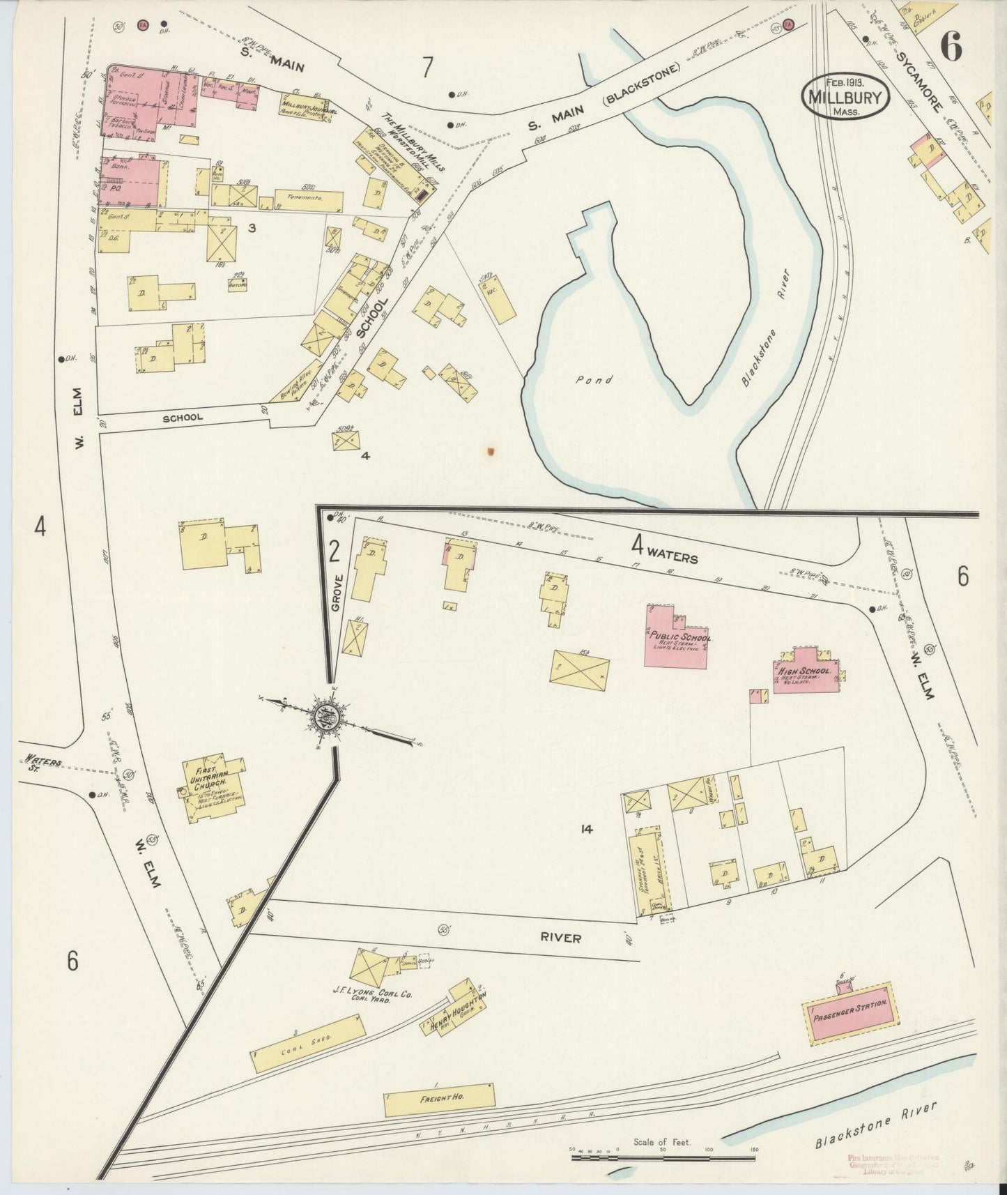 Sanborn Fire Insurance Map from Millbury, Worcester County, Massachusetts (1913), Sheet #0006 - Historic Sanborn Fire Insurance Map Print, vintage old map wall art, antique decor, genealogy gift, Massachusetts Massachusetts map