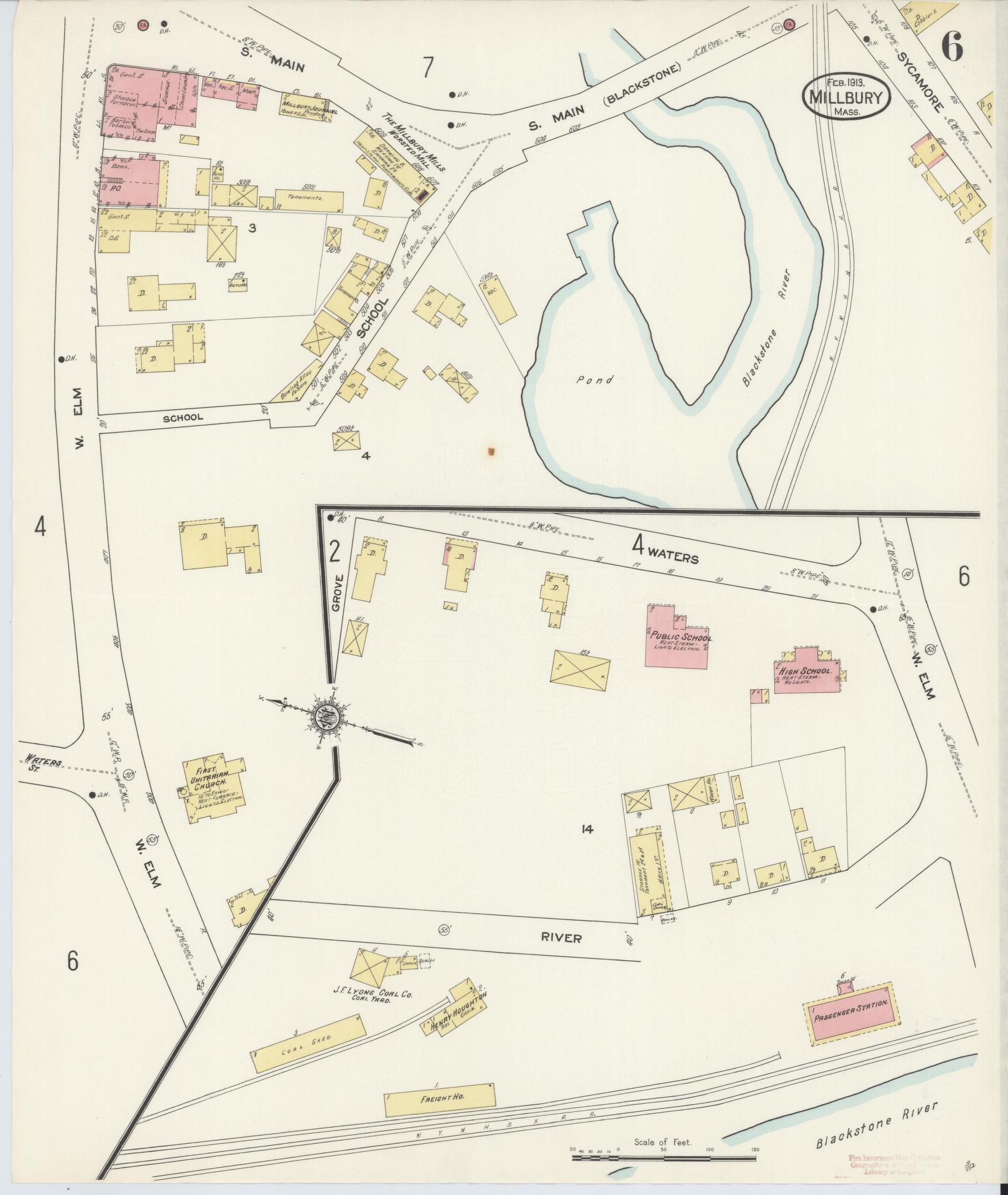 Sanborn Fire Insurance Map from Millbury, Worcester County, Massachusetts (1913), Sheet #0006 - Historic Sanborn Fire Insurance Map Print, vintage old map wall art, antique decor, genealogy gift, Massachusetts Massachusetts map