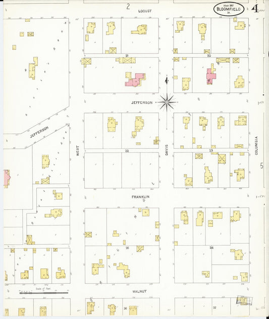 Sanborn Fire Insurance Map from Bloomfield, Davis County, Iowa (1907), Sheet #0004 - Historic Sanborn Fire Insurance Map Print, vintage old map wall art