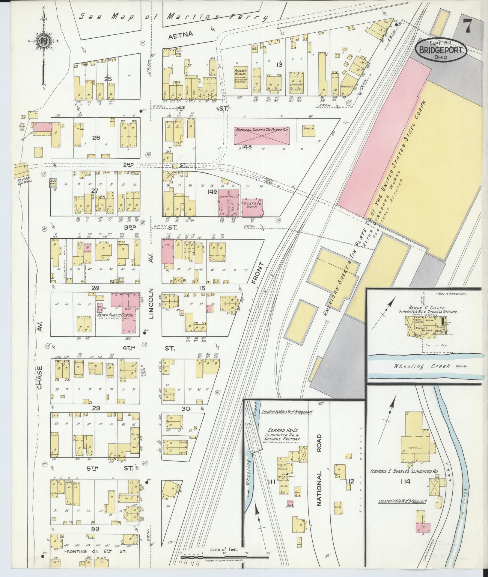 Sanborn Fire Insurance Map from Bridgeport, Belmont County, Ohio (1917), Sheet #0007 - Historic Sanborn Fire Insurance Map Print, vintage old map wall art, antique decor, genealogy gift, Ohio Ohio map