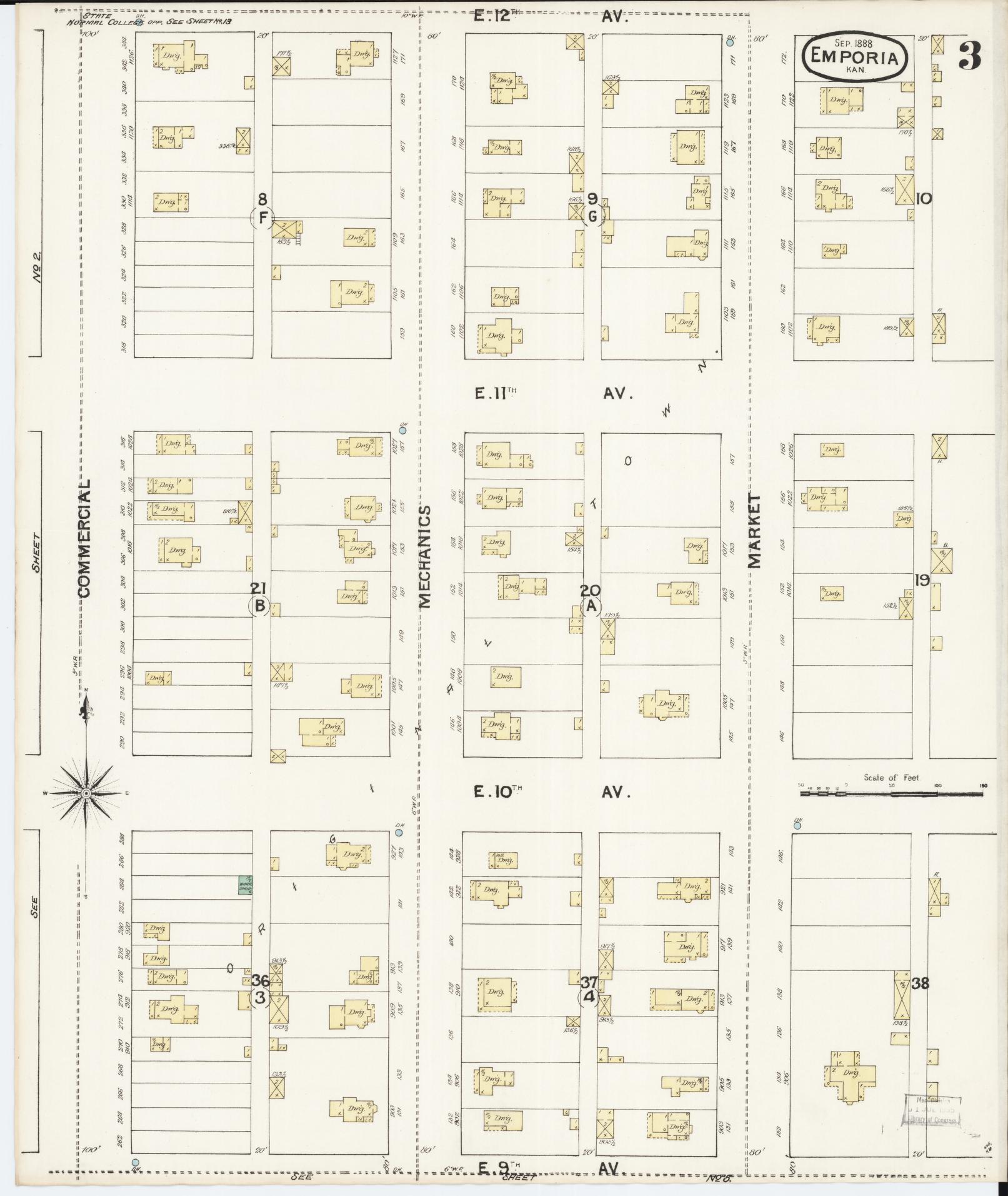 Sanborn Fire Insurance Map from Emporia, Lyon County, Kansas (1888), Sheet #0003 - Historic Sanborn Fire Insurance Map Print, vintage old map wall art, antique decor, genealogy gift, Kansas Kansas map