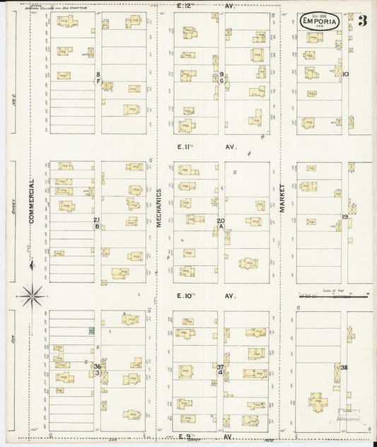 Sanborn Fire Insurance Map from Emporia, Lyon County, Kansas (1888), Sheet #0003 - Historic Sanborn Fire Insurance Map Print, vintage old map wall art, antique decor, genealogy gift, Kansas Kansas map