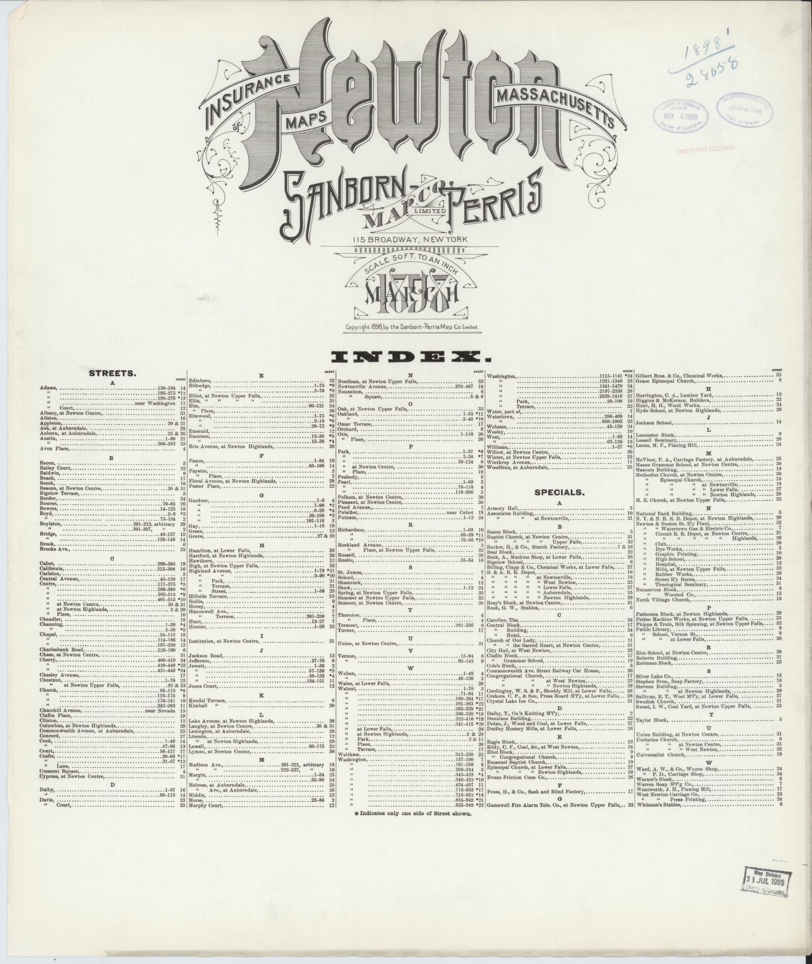 Sanborn Fire Insurance Map from Newton, Middlesex County, Massachusetts (1898), Sheet #0001 - Historic Sanborn Fire Insurance Map Print, vintage old map wall art, antique decor, genealogy gift, Massachusetts Massachusetts map