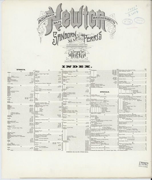 Sanborn Fire Insurance Map from Newton, Middlesex County, Massachusetts (1898), Sheet #0001 - Historic Sanborn Fire Insurance Map Print, vintage old map wall art, antique decor, genealogy gift, Massachusetts Massachusetts map
