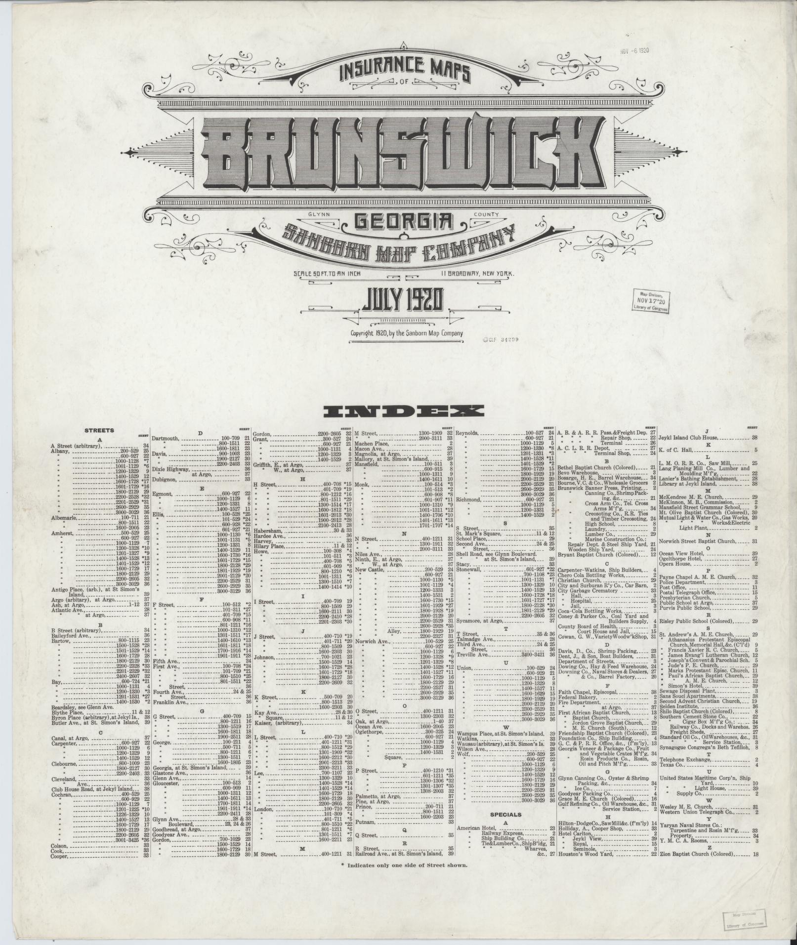 Sanborn Fire Insurance Map from Brunswick, Glynn County, Georgia (1920), Sheet #0001 - Historic Sanborn Fire Insurance Map Print, vintage old map wall art, antique decor, genealogy gift, Georgia Georgia map