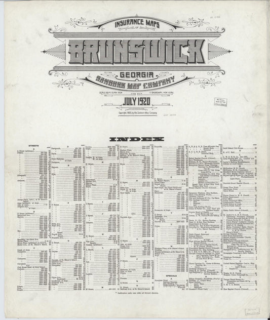 Sanborn Fire Insurance Map from Brunswick, Glynn County, Georgia (1920), Sheet #0001 - Historic Sanborn Fire Insurance Map Print, vintage old map wall art, antique decor, genealogy gift, Georgia Georgia map
