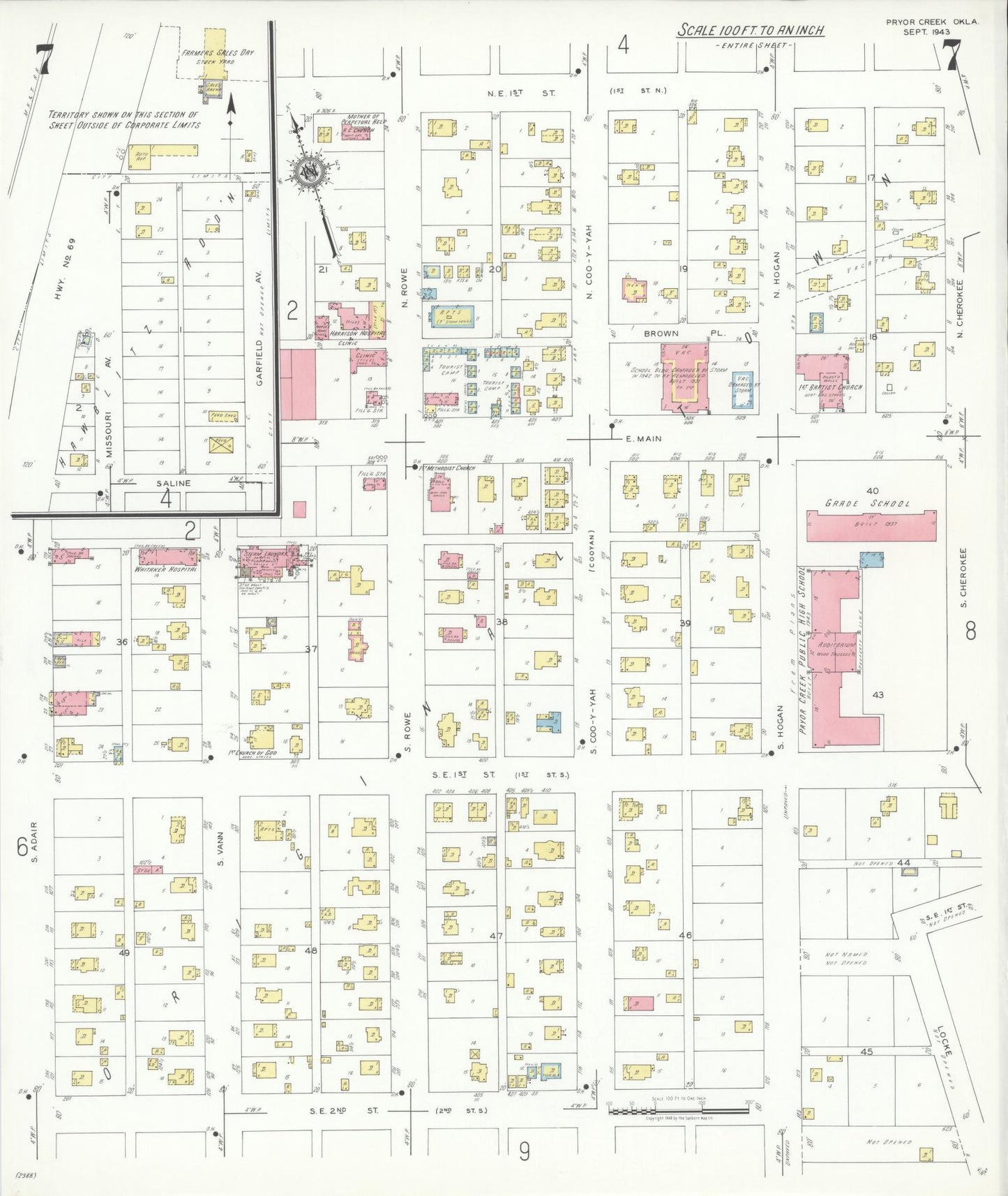 Sanborn Fire Insurance Map from Pryor Creek, Mayes County, Oklahoma (1943), Sheet #0007 - Complete Map Set gallery image, historic Sanborn map, vintage wall art, Oklahoma Oklahoma