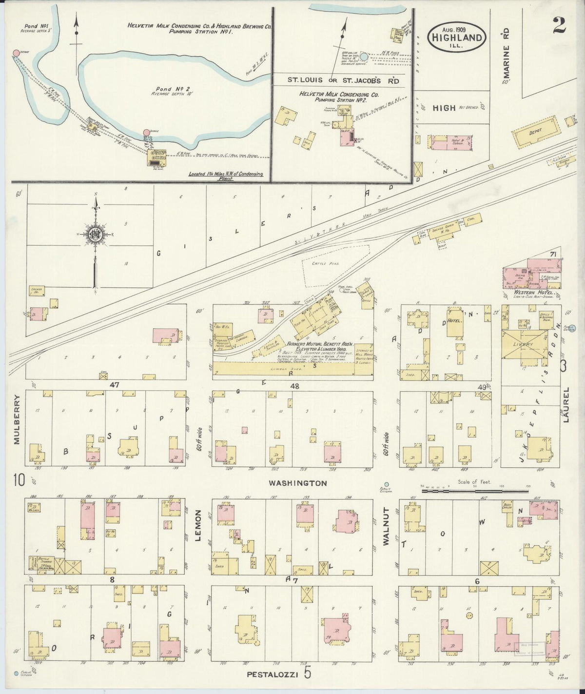 Sanborn Fire Insurance Map from Highland, Madison County, Illinois (1908), Sheet #0002 - Historic Sanborn Fire Insurance Map Print, vintage old map wall art, antique decor, genealogy gift, Illinois Illinois map