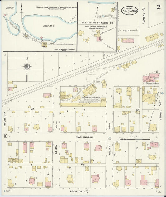 Sanborn Fire Insurance Map from Highland, Madison County, Illinois (1908), Sheet #0002 - Historic Sanborn Fire Insurance Map Print, vintage old map wall art, antique decor, genealogy gift, Illinois Illinois map