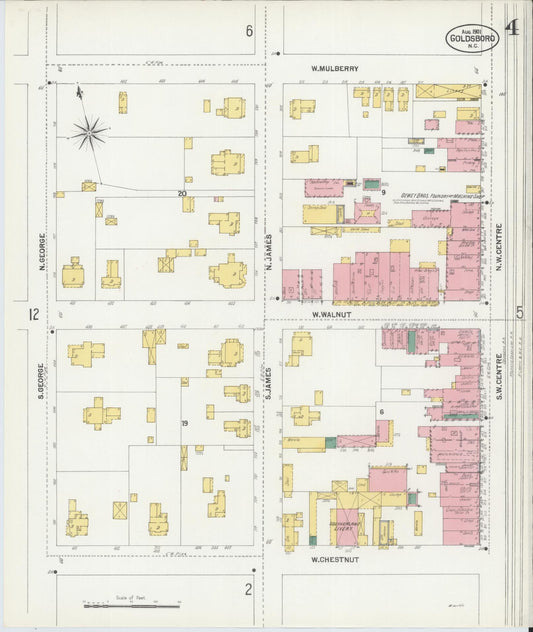 Sanborn Fire Insurance Map from Goldsboro, Wayne County, North Carolina (1901), Sheet #0004 - Historic Sanborn Fire Insurance Map Print, vintage old map wall art, antique decor, genealogy gift, North Carolina North Carolina map