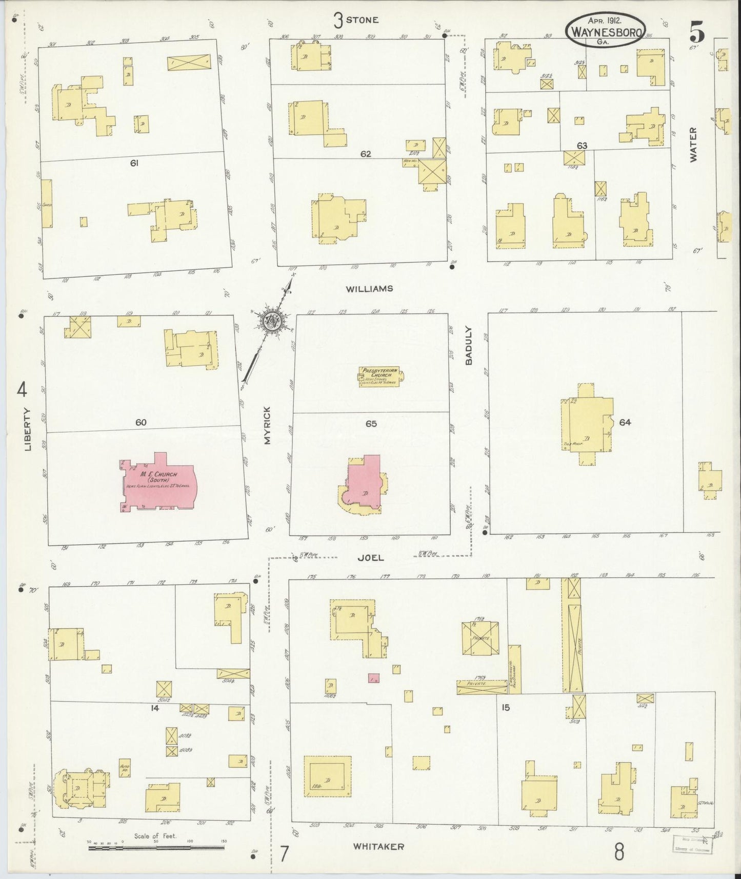 Sanborn Fire Insurance Map from Waynesboro, Burke County, Georgia (1912), Sheet #0005 - Complete Map Set gallery image, historic Sanborn map, vintage wall art, Georgia Georgia