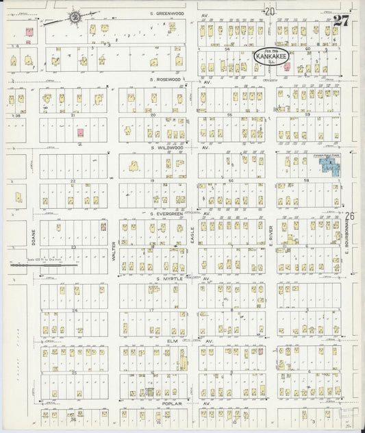Sanborn Fire Insurance Map from Kankakee, Kankakee County, Illinois (1914), Sheet #0027 - Historic Sanborn Fire Insurance Map Print, vintage old map wall art, antique decor, genealogy gift, Illinois Illinois map