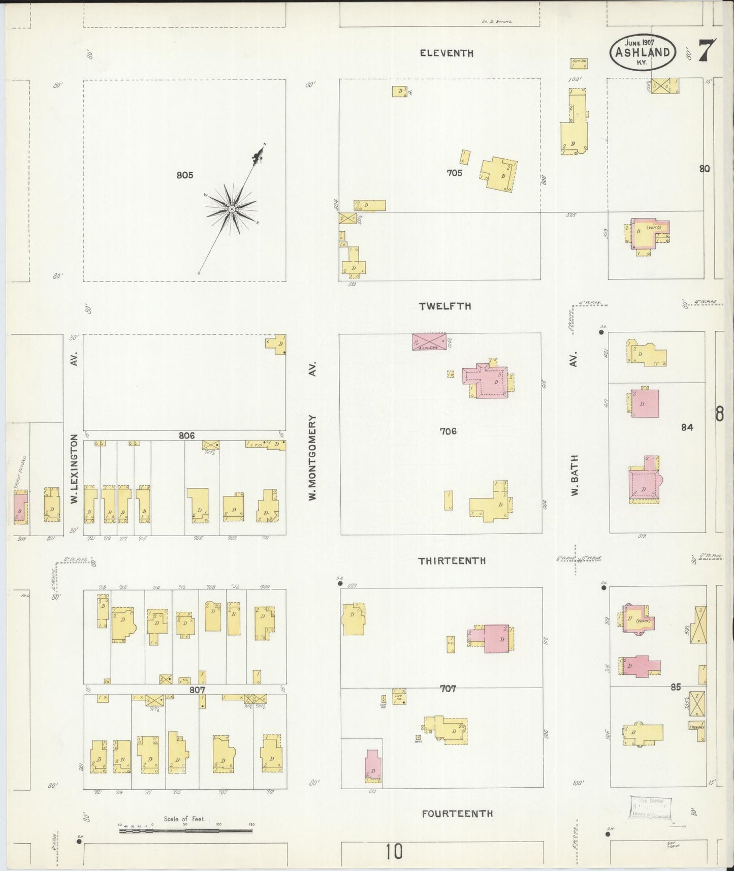 Sanborn Fire Insurance Map from Ashland, Boyd County, Kentucky (1907), Sheet #0007 - Historic Sanborn Fire Insurance Map Print, vintage old map wall art, antique decor, genealogy gift, Kentucky Kentucky map