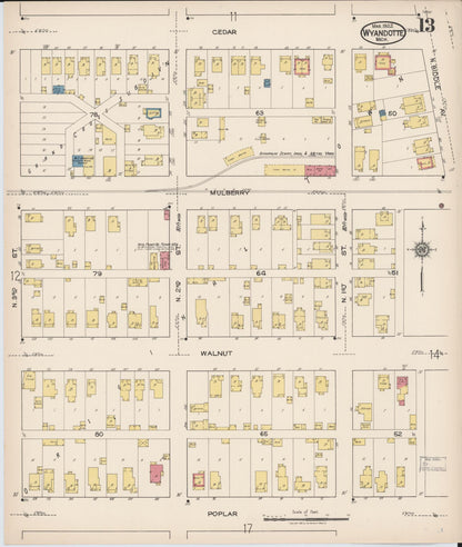 Sanborn Fire Insurance Map from Wyandotte, Wayne County, Michigan (1922), Sheet #0013 - Historic Sanborn Fire Insurance Map Print, vintage old map wall art, antique decor, genealogy gift, Michigan Michigan map