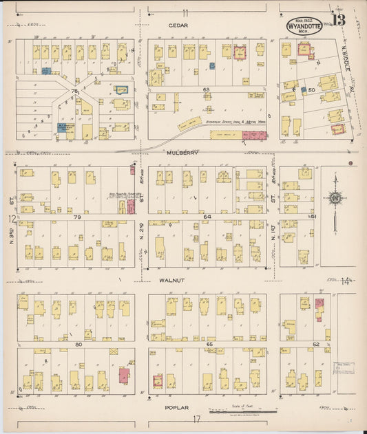 Sanborn Fire Insurance Map from Wyandotte, Wayne County, Michigan (1922), Sheet #0013 - Historic Sanborn Fire Insurance Map Print, vintage old map wall art, antique decor, genealogy gift, Michigan Michigan map