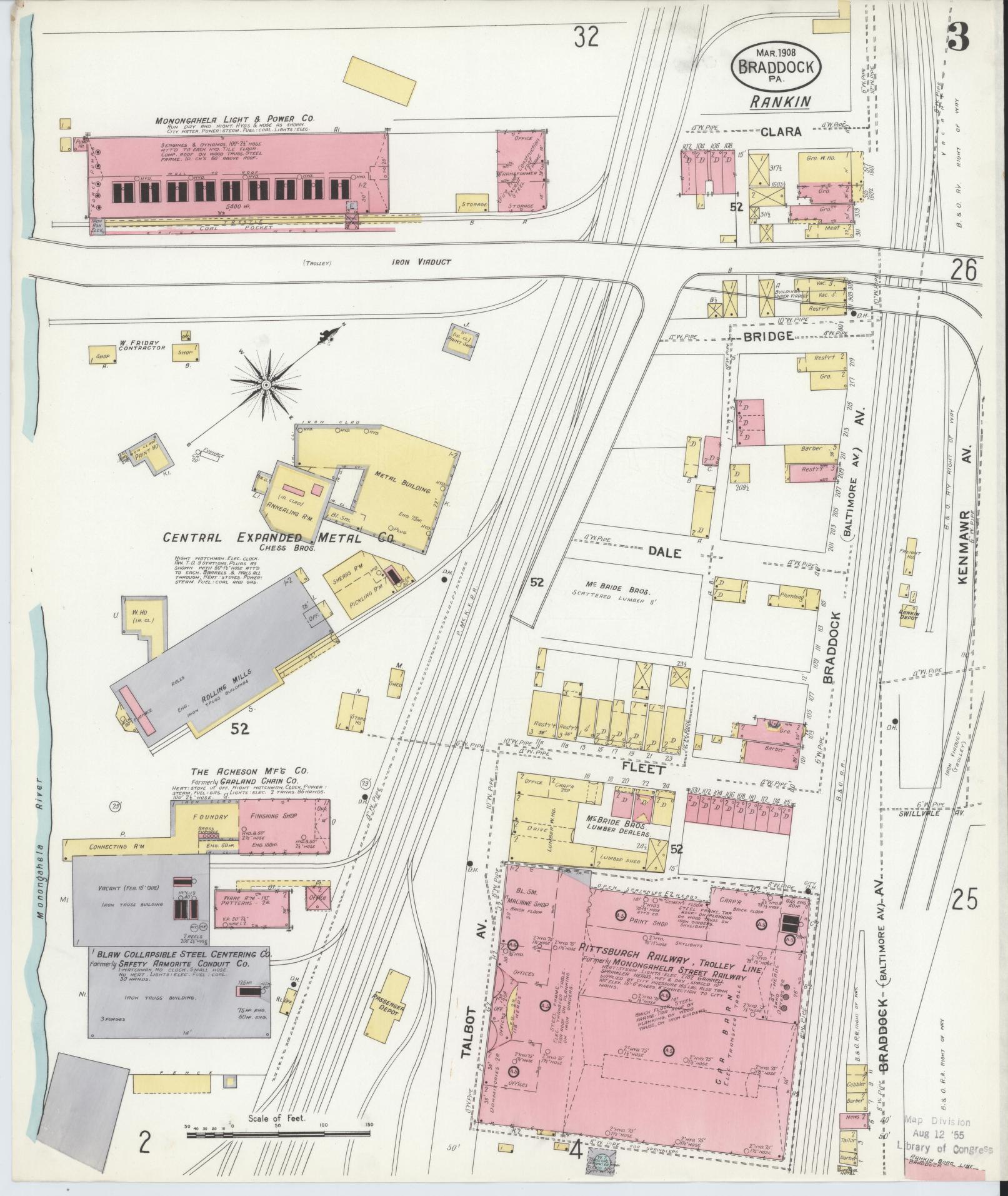 Sanborn Fire Insurance Map from Braddock, Allegheny County, Pennsylvania (1908), Sheet #0003 - Historic Sanborn Fire Insurance Map Print, vintage old map wall art, antique decor, genealogy gift, Pennsylvania Pennsylvania map