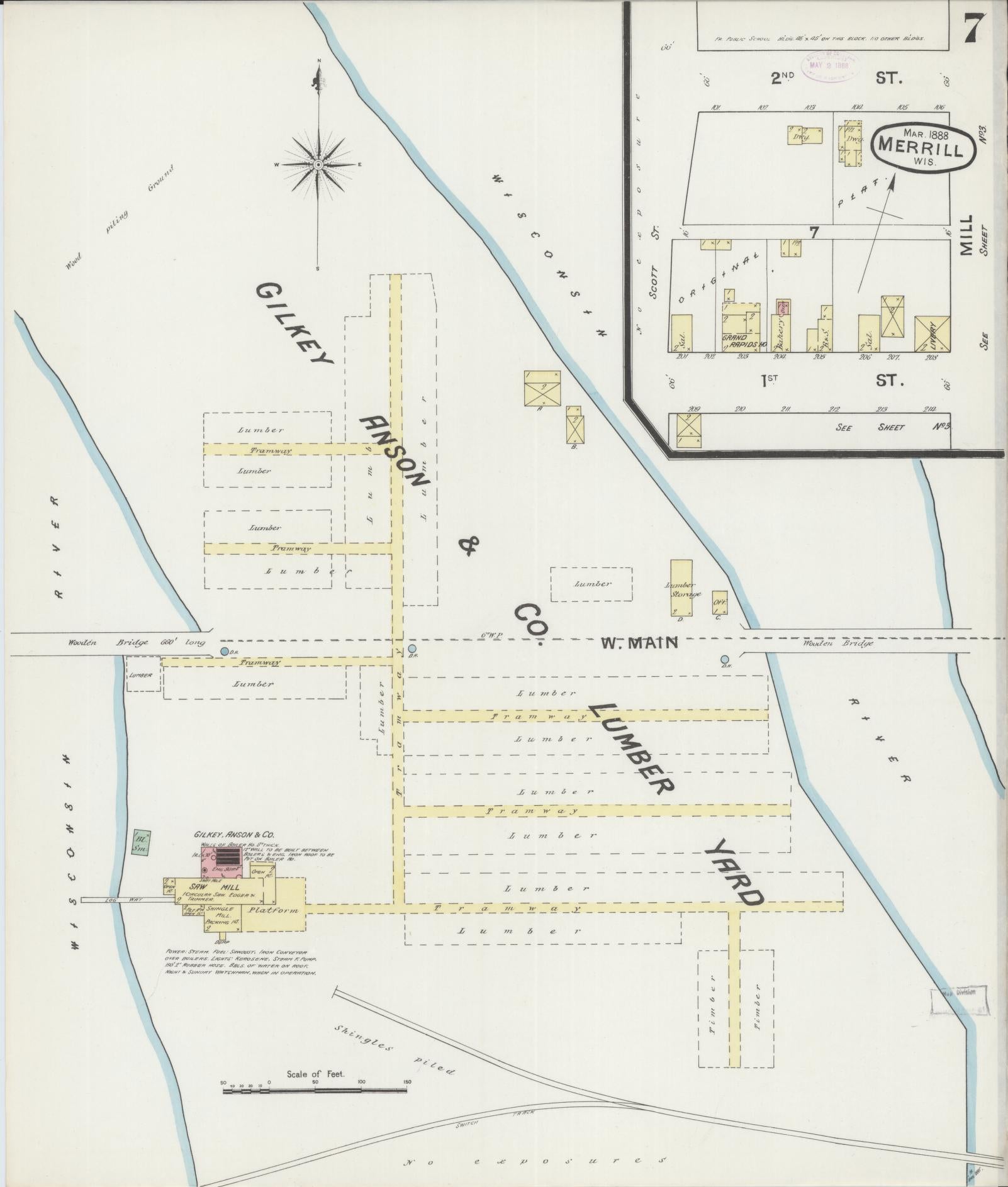 Sanborn Fire Insurance Map from Merrill, Lincoln County, Wisconsin (1888), Sheet #0007 - Historic Sanborn Fire Insurance Map Print, vintage old map wall art, antique decor, genealogy gift, Wisconsin Wisconsin map
