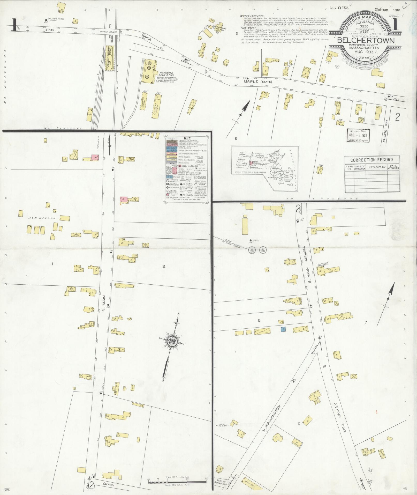 Sanborn Fire Insurance Map from Belchertown, Hampshire County, Massachusetts (1933), Sheet #0001 - Historic Sanborn Fire Insurance Map Print, vintage old map wall art, antique decor, genealogy gift, Massachusetts Massachusetts map