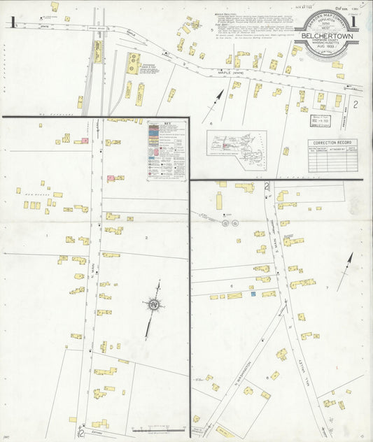 Sanborn Fire Insurance Map from Belchertown, Hampshire County, Massachusetts (1933), Sheet #0001 - Historic Sanborn Fire Insurance Map Print, vintage old map wall art, antique decor, genealogy gift, Massachusetts Massachusetts map