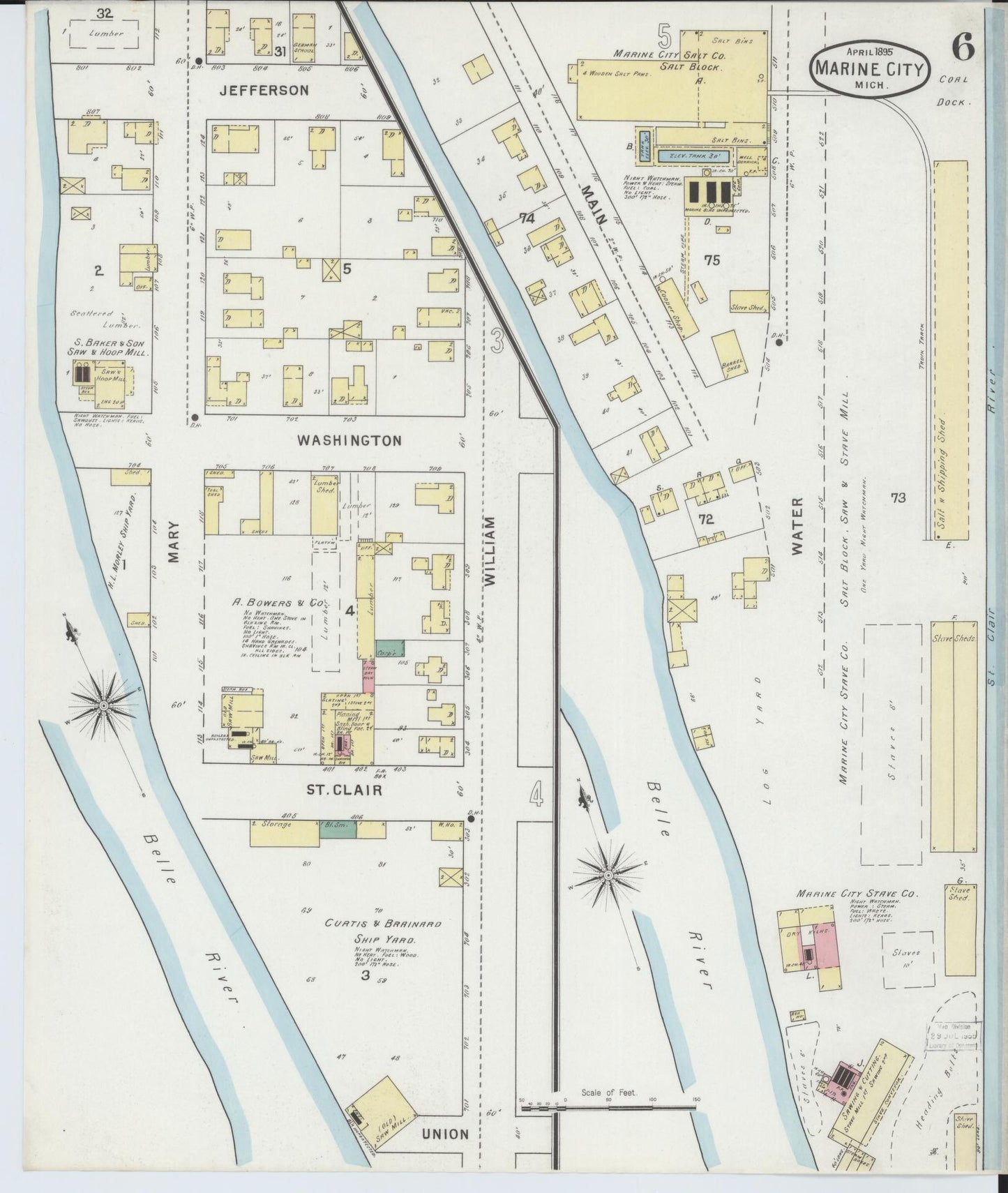 Sanborn Fire Insurance Map from Marine City, Saint Clair County, Michigan (1895), Sheet #0006 - Complete Map Set gallery image, historic Sanborn map, vintage wall art, Michigan Michigan