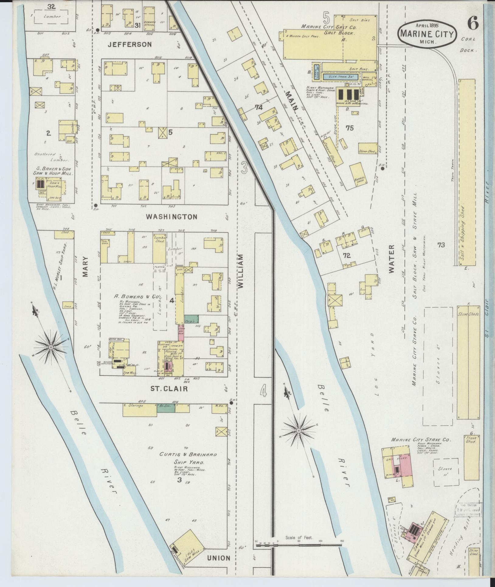 Sanborn Fire Insurance Map from Marine City, Saint Clair County, Michigan (1895), Sheet #0006 - Complete Map Set gallery image, historic Sanborn map, vintage wall art, Michigan Michigan