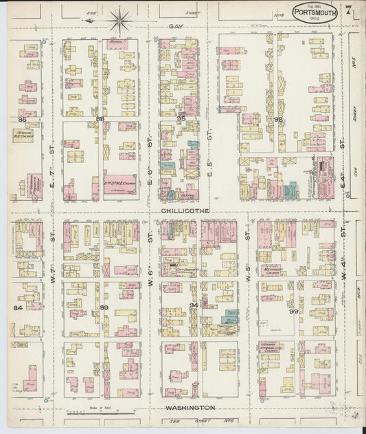 Sanborn Fire Insurance Map from Portsmouth, Scioto County, Ohio (1884), Sheet #0007 - Historic Sanborn Fire Insurance Map Print, vintage old map wall art, antique decor, genealogy gift, Ohio Ohio map