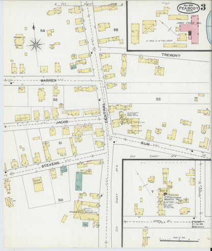 Sanborn Fire Insurance Map from Peabody, Essex County, Massachusetts (1892), Sheet #0003 - Historic Sanborn Fire Insurance Map Print, vintage old map wall art, antique decor, genealogy gift, Massachusetts Massachusetts map