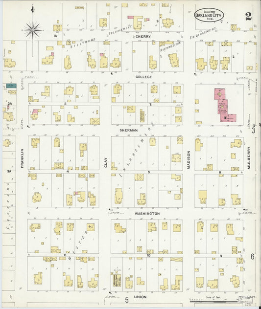 Sanborn Fire Insurance Map from Oakland City, Gibson County, Indiana (1907), Sheet #0002 - Historic Sanborn Fire Insurance Map Print, vintage old map wall art, antique decor, genealogy gift, Indiana Indiana map