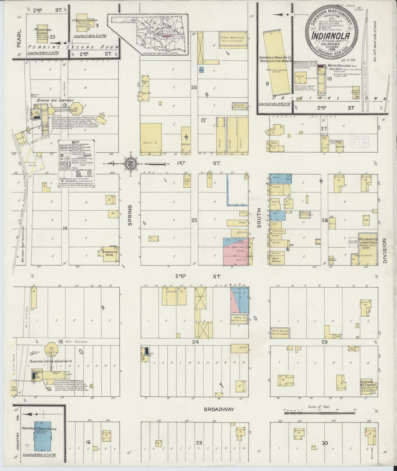 Sanborn Fire Insurance Map from Indianola, Pittsburg County, Oklahoma (1914), Sheet #0001 - Historic Sanborn Fire Insurance Map Print, vintage old map wall art, antique decor, genealogy gift, Oklahoma Oklahoma map