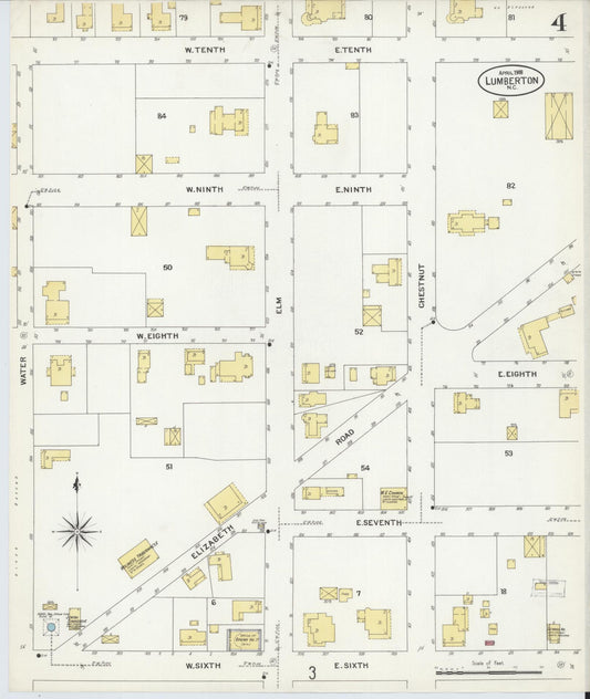 Sanborn Fire Insurance Map from Lumberton, Robeson County, North Carolina (1908), Sheet #0004 - Historic Sanborn Fire Insurance Map Print, vintage old map wall art, antique decor, genealogy gift, North Carolina North Carolina map