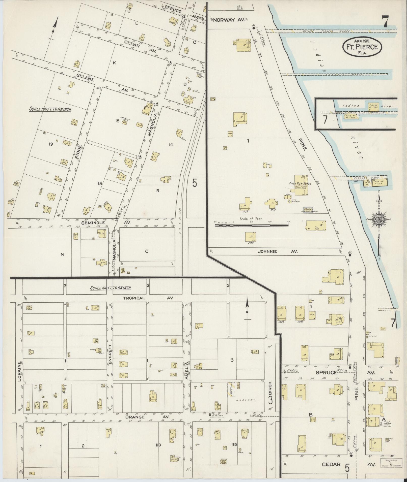 Sanborn Fire Insurance Map from Fort Pierce, St Lucie County, Florida (1915), Sheet #0007 - Complete Map Set gallery image, historic Sanborn map, vintage wall art, Florida Florida
