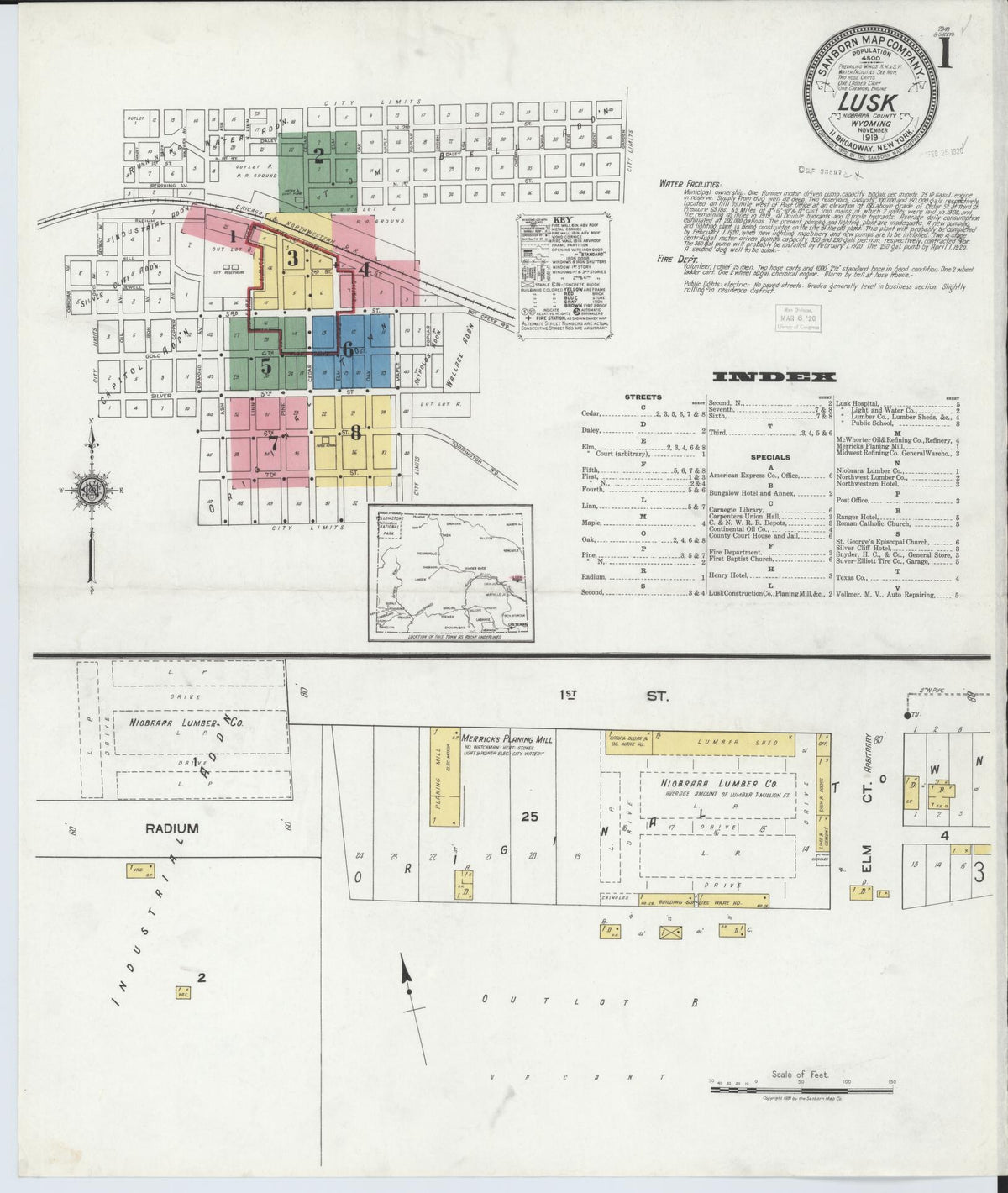 Sanborn Fire Insurance Map from Lusk, Niobrara County, Wyoming (1919), Sheet #0001 - Historic Sanborn Fire Insurance Map Print, vintage old map wall art, antique decor, genealogy gift, Wyoming Wyoming map